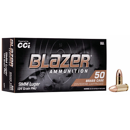 Munição CCI 9 mm Luger Blazer Brass FMJ 124gr Cx c/50 1