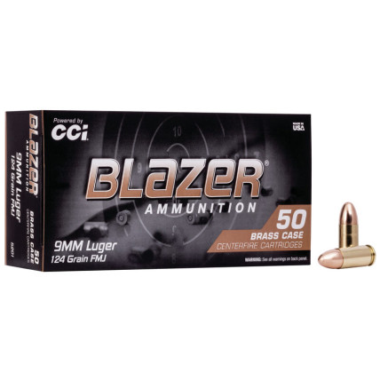 Munição CCI 9 mm Luger Blazer Brass FMJ 124gr Cx c/50 1